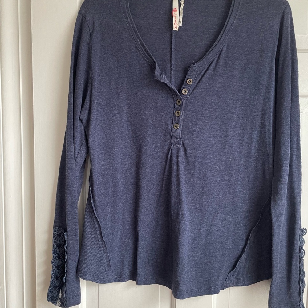 Poof! Women's Long Sleeve Tee - Dark Blue with Lace Cuff